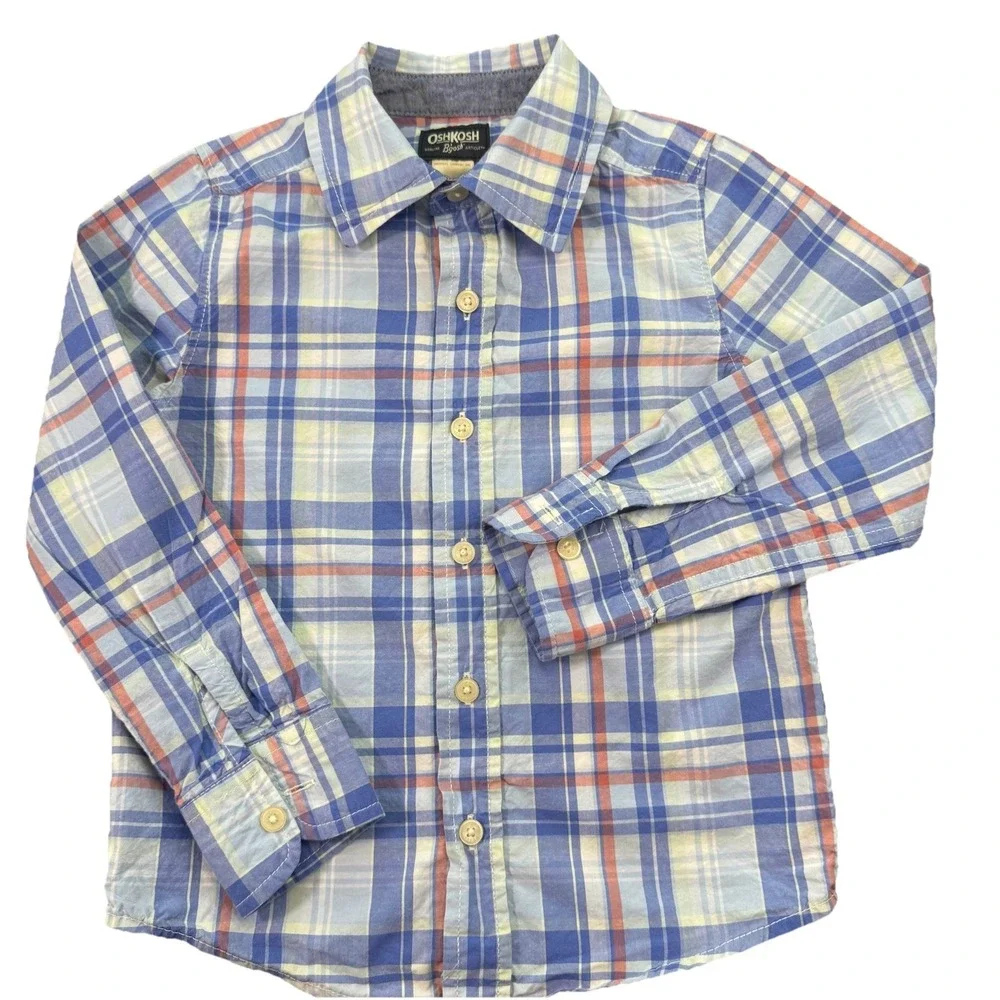 OshKosh‎ B'Gosh Shirt Boys Size 5 Blue/Coral Plaid Button-Up Long Sleeve